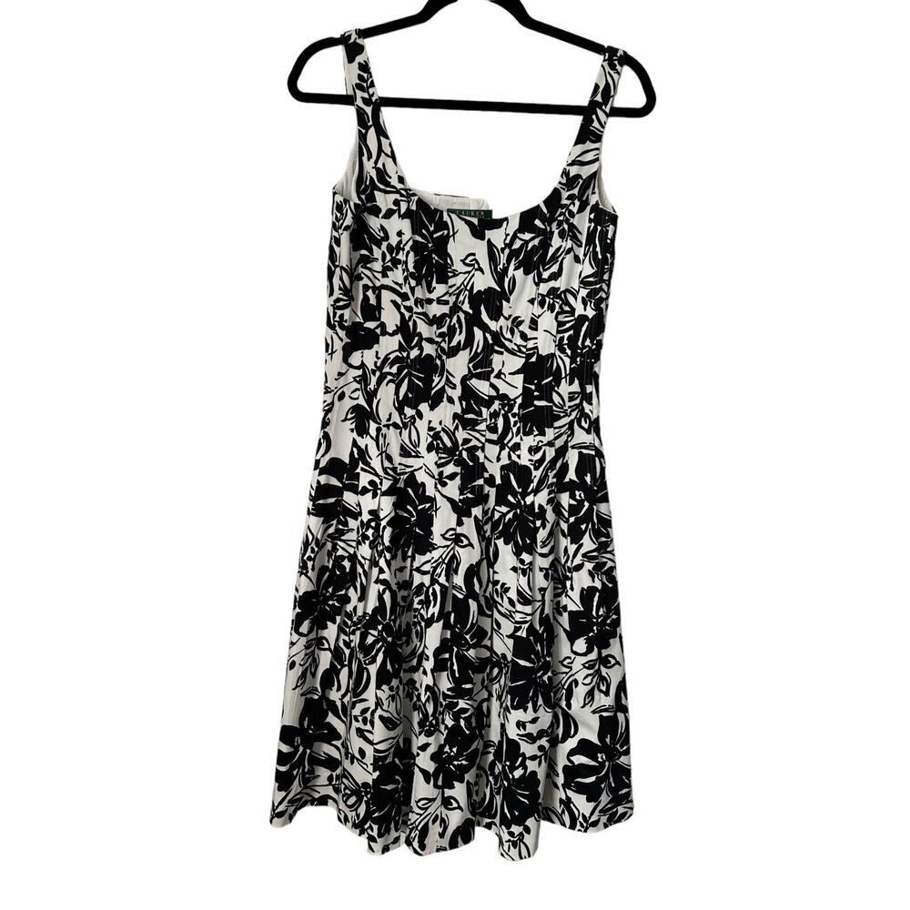 Lauren Ralph Lauren Dress Womens Size 8 Black White Floral Sleeveless Midi